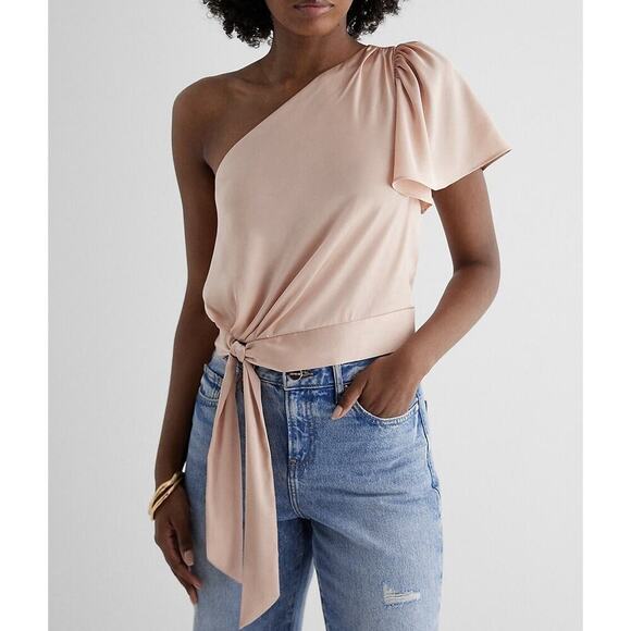 Express Women's Satin One Shoulder Tie Waist Top Pale Pink Size XS - NWT $64 - Picture 1 of 16